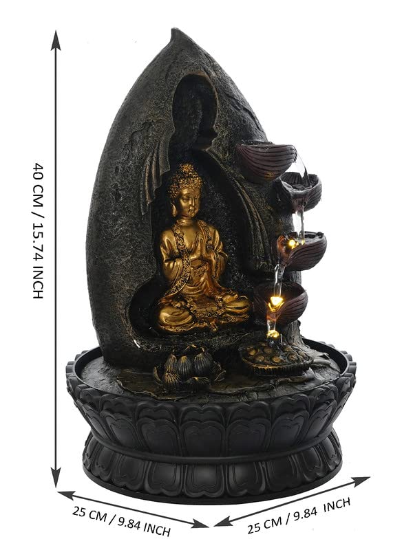 CHRONIKLE Polyresin Golden & Brown Buddha Showing Namaskara Mudra Table Top Home Decor 4 Designer Steps Water Fountain with Speed Controller Pump & LED (Size: 40 x 25 x 25CM | Weight: 2020 Gram)