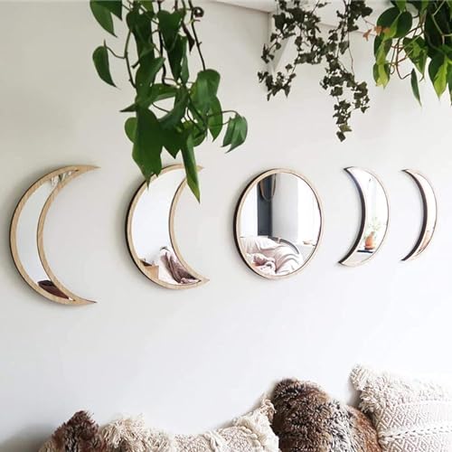 DarkIndia 5 Pieces Moon Phase Acrylic Mirror Set For Wall Decoration, Home, Office, Restaurant, Bar (Beige, Unframed, Round)