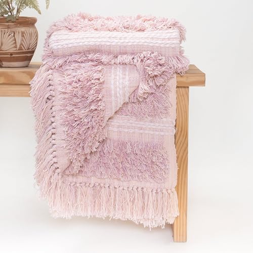 DMAASA Pure Cotton Pink Fur Sofa Throw | 50x70 Inch Twill Size Throw for Chair, Couch, Bed, Living Room, Knitted Throw | Multipurpose Soft Cozy Lightweight Breathable Throw Easy Machine Washable