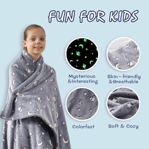 Prostuff.in® Super Soft Fuzzy Fluffy Plush Furry Fleece Glow in The Dark Throw Glowing Blanket with Galaxy Moon Star Pattern All Seasons Blanket for Kids Multicolour 1 Pcs (Size- 50x 60inch)