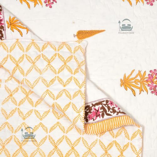 LOARSHY Cotton Hand Block Printed Pure Razai King Size Rajai/Quilts/Razzai - Yellow/Pink (Size 90X108 INCHES)