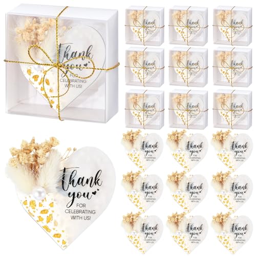 Coume 24 Pcs Wedding Favors for Guest Bulk Crystal Resin Fridge Magnet Handmade Wedding Gifts Souvenirs with Dry Flowers Thank You Text for Wedding Engagement Baby Bridal Shower