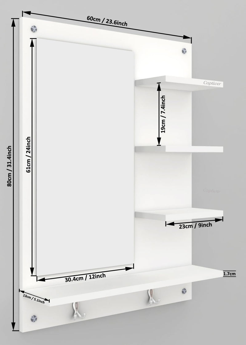 Captiver Bellezza Engineered Wood Wall Mounted Dressing Table Mirror (60x13x80 cm, White) Bathroom Bedroom Living Room Washbasin Furniture Makeup Organizers