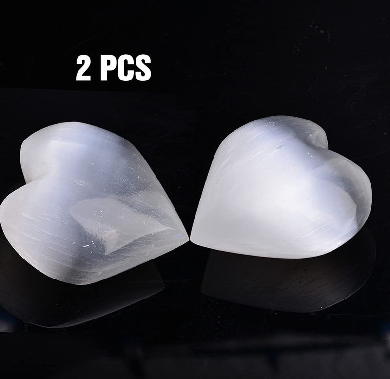 AMOYSTONE Selenite Crystal Heart Shaped Worry Stone Large Home Decoration for Chakra Energy Healing 2PC