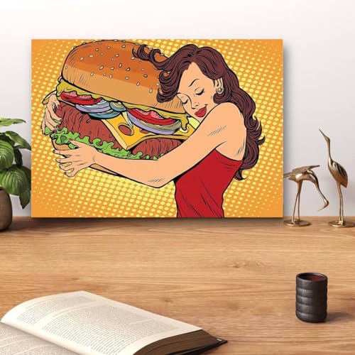 GADGETS WRAP Canvas Gallery Wrap Framed for Home Office Studio Living Room Decoration (14x11inch) - Beautiful Young Woman Hugging Burger