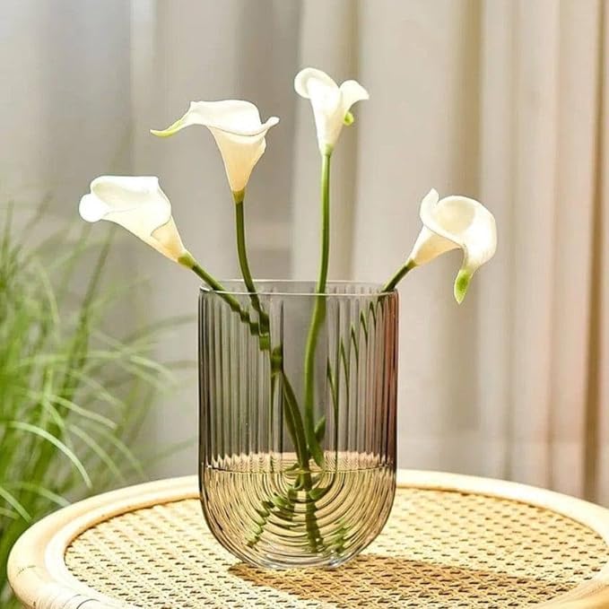 BELLU Black Ribbed Glass Flower Vase, 7.3" H Modern Small Vase, Ellipse U Shaped Fluted Striped Decorative Vase, Fit for Home Living Room Table Decor (Open:5" x 2.6")