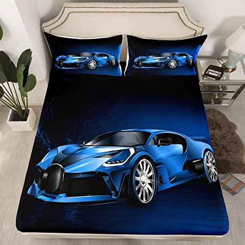 Feelyou Sports Car Bed Sheets Blue Race Car Sheet Set for Kids Boys Girls Extreme Sports Bed Set Sheet Set Cool Speed Luxury Car Decor Sheets with 1 Pillowcase 3Pcs Bedding Twin