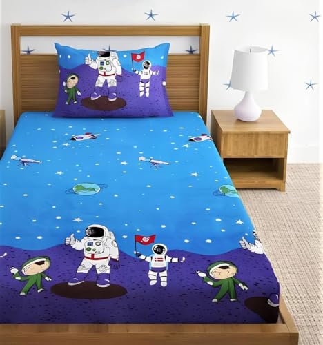 SHOVIJ Glace Cotton Elastic Fitted Single Bed (72 x 36 x 6) Bedsheet for Kids with 1 Pillow Covers - Astro