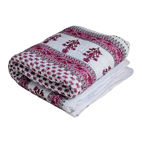 LOARSHY Pure Cotton Floral Printed Quilt | Lightweight and Warm Jaipuri Rajasthani Double Bed Razai | Soft Blanket/Razai for Winters | Beautiful Gift Item (Pink, 87x105 Inch)