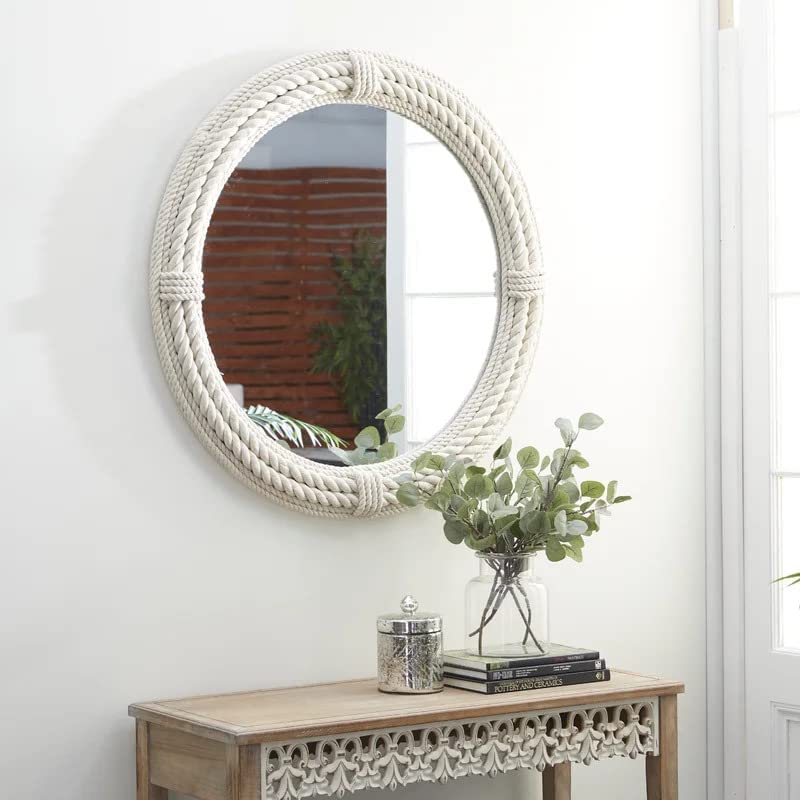 SRA Home Deco Handmade Wooden Antique Frame Round Wall-Mounted Rope Mirror, Mirror for Bedroom, Bathroom, Living Room, Wall Basin, Study Room, Office, White (12" Inches Round)