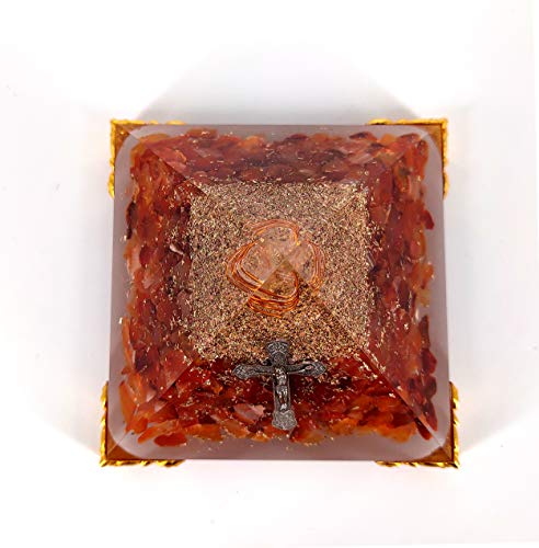 White Whale Red Carnelian Cross Orgone Pyramid Energy Generator Reiki Healing Crystal Chakra with Gold Stand Feng Shui Pyramid