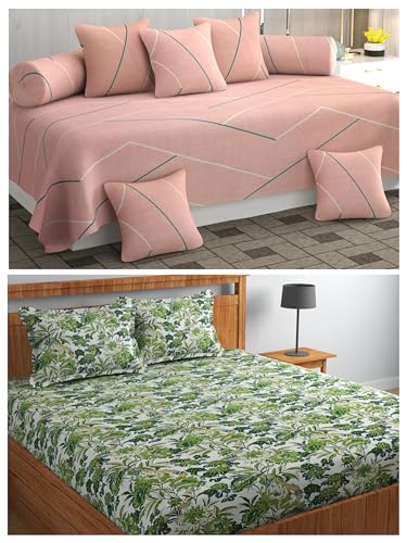 ZAYVA HOME Cotton 8 Pc Diwan Set Cover with 1 Double Bedsheet with 2 Pillow Covers, Combo Pack 2, Multicolor