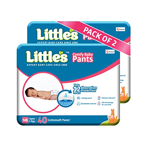 Little's Baby Pants Diapers with Wetness Indicator and 12 Hours Absorption, New Born (NB) upto 5 kgs, White, 80 Count (Pack of 2)