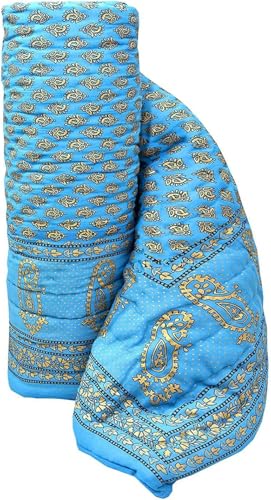 fashhub Cotton Double Bed Jaipuri Printed Blanket, Multicolour (Firozi, Double Bed)