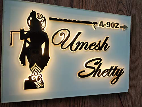 TC The Customizer Aarushi Creations Personalised Laser Cut Home Door Name Plate, Mirror with Lighting (12 x 8 inch) Square, Wall Mount, Black and Golden, Framed