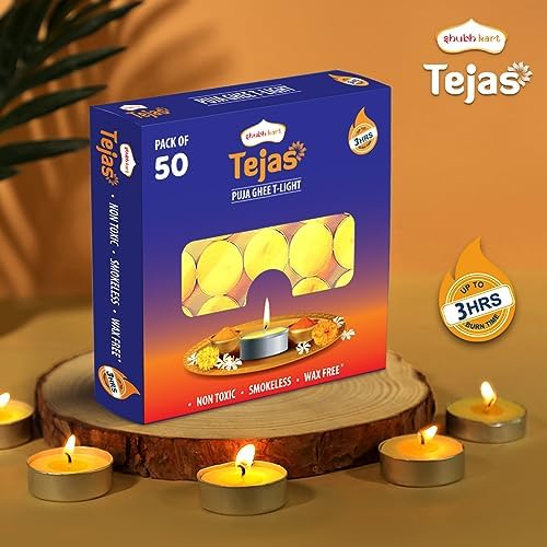 Shubhkart Tejas Puja Ghee T-Light Candles 50N | Non Toxic Smokeless & Wax Free Tea Light Candles Perfect for Home Decor, Prayers, Rituals|No Residue Long Lasting| 3 Hours Burn Time (Set of 50)