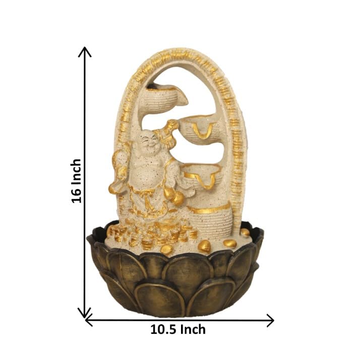 Art N Hub Laughing Buddha Home Decorative Water Fountain Best Home and Office Inauguration Gift Items | Built (27 x 27 x 40 CM | Dotted Cream Golden)