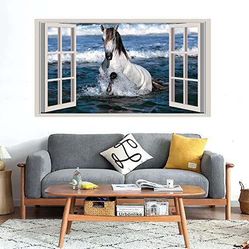 GADGETS WRAP Printed Wall Decal Sticker Fake Window Style Decal (90cm x 50cm) - White Horse Running in Water