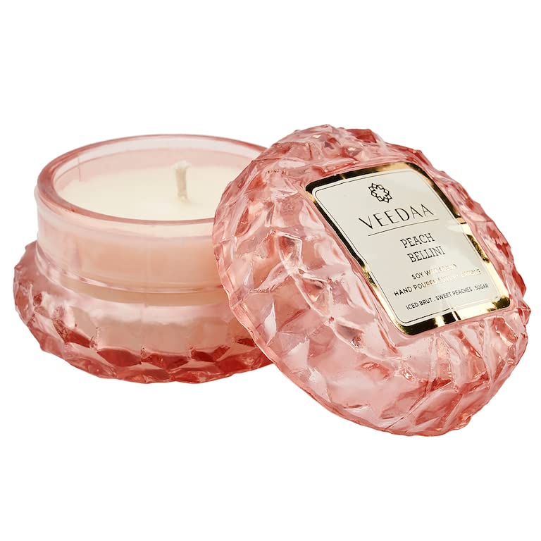 VEEDAA Peach Bellini Crystal Glass Soy Scented Candle (Burns 15 Hours)