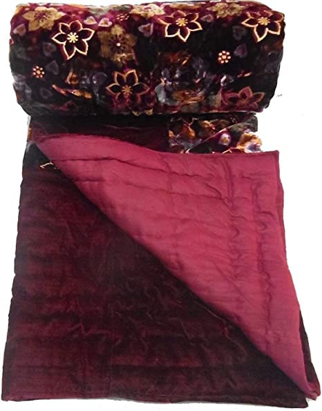 SK STORE Velvet Cloth Double Bed Quilt Jaipuri Razai Maroon Shaneel Rajai/Floral Print Design with Gold Print Quilts Blankets for Home