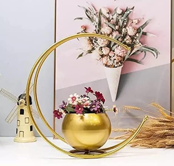 ARS Metal Geometric Design Vase with Gold Finish - Table Decorative Moon Shape Flower Pot | Chand (Size 24 x 24cm)