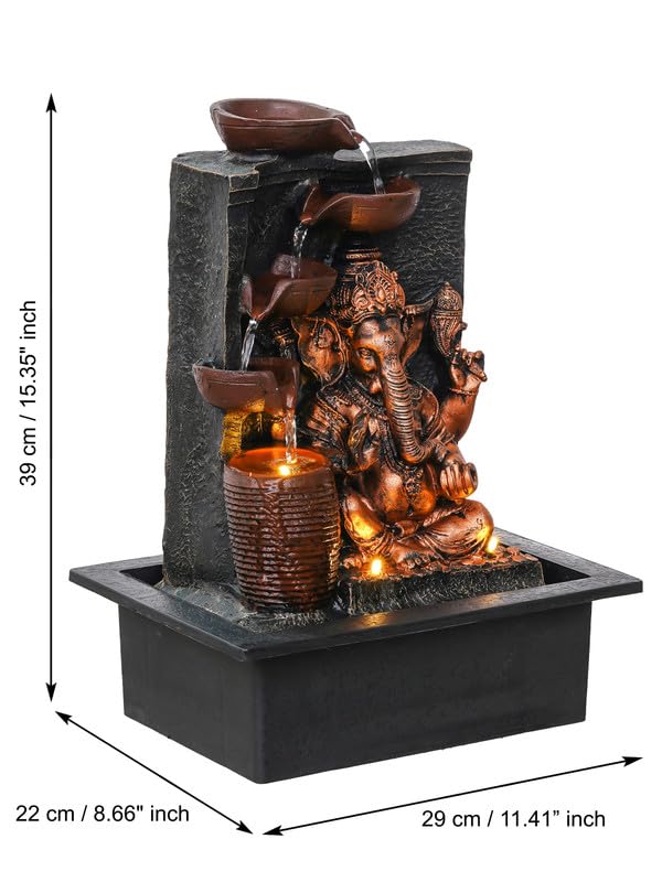 Chronikle Brown & Golden Idle Ganesha Table Top Indoor Water Fountain with 4 Steps Waterfall, LED Lights & Water Flow Controller Pump ( Size: 39 x 29.5 x 22 cm | Colour: Brown & Golden )