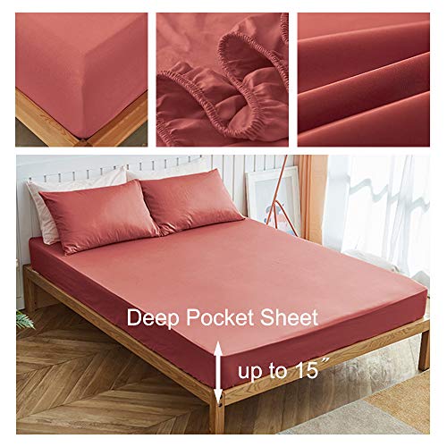 mixinni 100% Long Staple Natural Cotton Soft Solid Coral Fitted Sheet Bed Sheet Set 15" Deep Pocket Full/Queen Size-1 Fitted Sheet