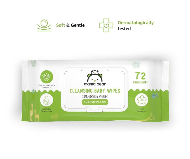 Amazon Brand - Mama Bear Cleansing Baby Wipes With Lid, Enriched with Aloe vera & Vitamin E, Paraben Free, pH Balanced & Dermatologically tested, 72 Count (Super Saver Pack of 8)