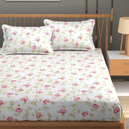 UrbanArts 180TC Glace Cotton Double Bedsheet with 2 Pillow Cover (90 x 90 Inch), Bedsheet for Double Bed, Pink