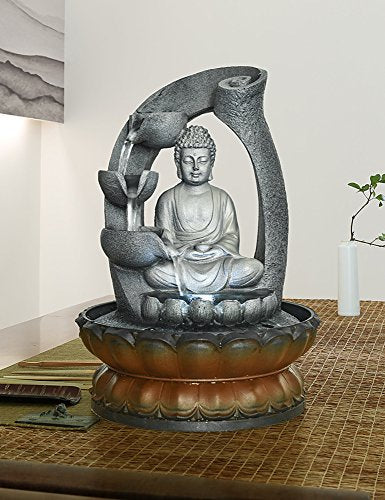 Sitting Buddha Fountain 11", LED Indoor Table Waterfall Fountain Fengshui Meditation Relaxing Decor for Home Office Gray