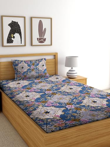 DORTHY 160 TC Glace Cotton Flat Single Bedsheet (60 X 90 inches) with 1 Pillow Covers (20 x 30 inches),Blue-Flower