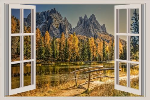 JVERF - JZZA23161 Italy Mountains Autumn Lake Misurina Alps HDR| Self-Adhesive Open Window Wall Sticker