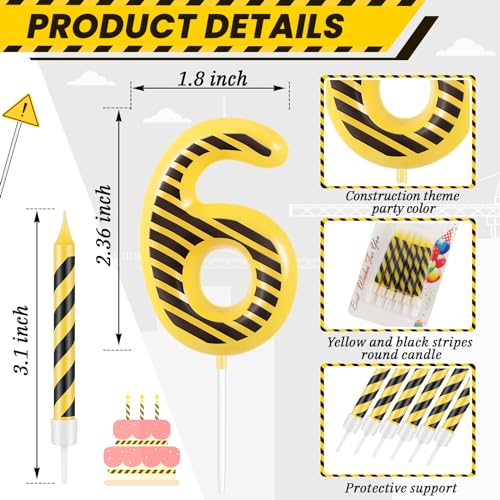 Threlaco 13 Pcs Construction Themed Birthday Candles Set, 12 Yellow and Black Striped Candle and 1 Number Candle Cake Topper for Construction Party Decoration Baby Shower Party Supplies (Number 6)