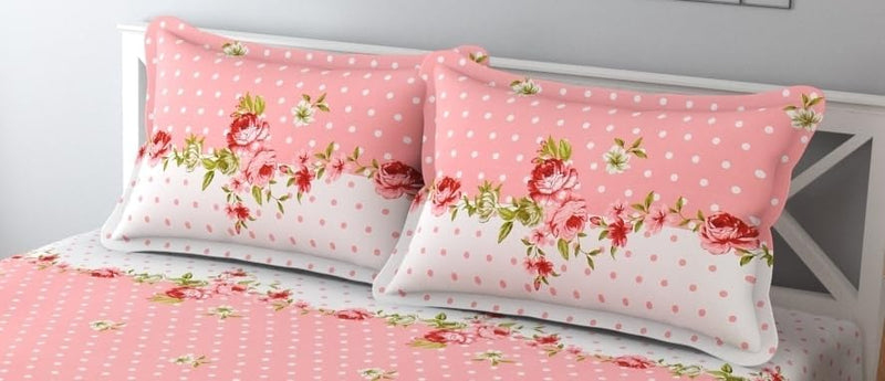 MAA HOME CONCEPT Glace Cotton Elastic Fitted Bedsheets Double Bedsheet with 2 Pillow Covers (Pink Dots)