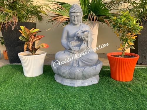 Classy Home Creation Garden Fountain with LED Light, Buddha Statue, Decorative Water Feature, Buddha Kamal Fountain 3 FEET | Home Decor Fountain Fiber (Grey)