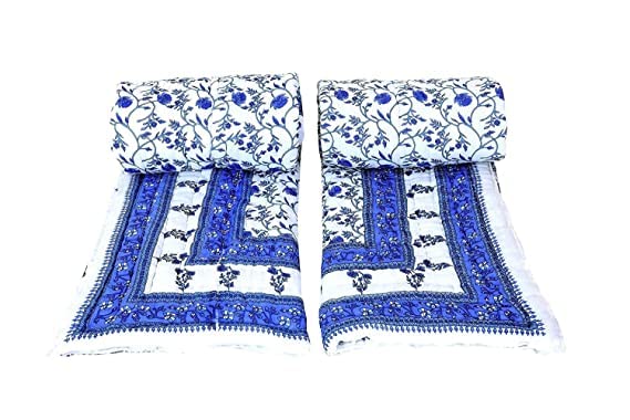 SK STORE Cotton Jaipuri Razai Traditional Sanganeri Print Light Weight razai Single Bed Quilt/Blanket -Set of 2 (White Booti, Single Bed)