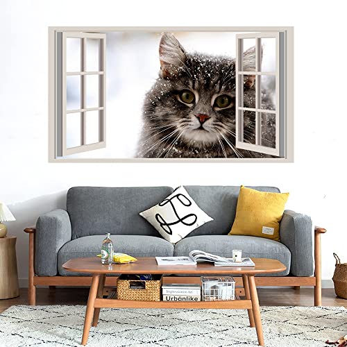 GADGETS WRAP Printed Wall Decal Sticker Fake Window Style Decal (90cm x 50cm) - Snowy Cat