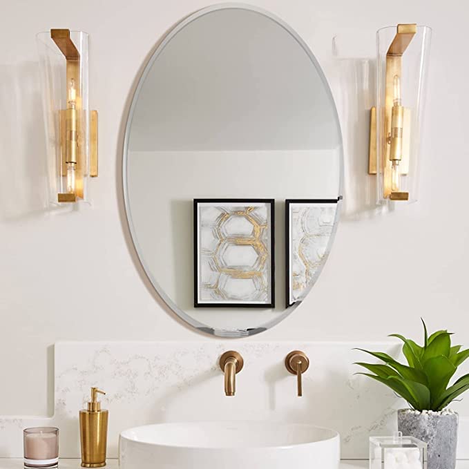 SEVEN HORSES Frameless Oval Mirror 18 x 24 Inch, Oval Bathroom Mirror with Polished Beveled Edge for Bathroom Bedroom Living Room Washbasin Dressing Entryway