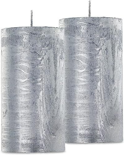 Whimsical Moonstone: Enigmatic Pair of Rustic Silver Pillar Candles, Mesmerizing Luster, Unwavering Aura