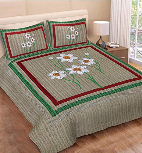 Monik Handicrafts 100% Cotton Rajasthani Jaipuri sanganeri Traditional King Size Double Bed Sheet with 2 Pillow Covers (Olive)