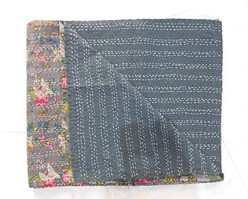 Fashion Hub Textile Work Creations Cotton Handmade single kantha quilt Bed cover (Blue, Grey)