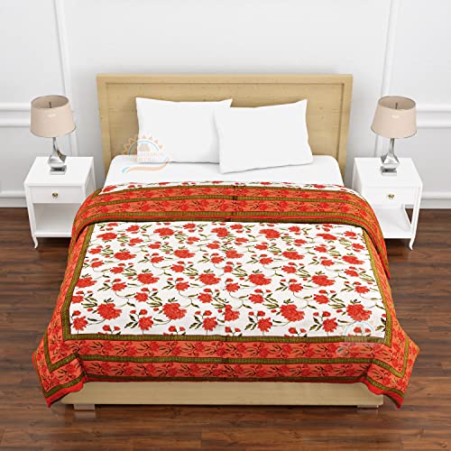 FABDESIGN QUILTS Mughal Jaal Block Print Quilt | Double Bed Cotton Traditional Floral Printed Razai | Lightweight Bedding Quilts | Winter Heavy Quilt Blanket(88X105inch) (Orange)