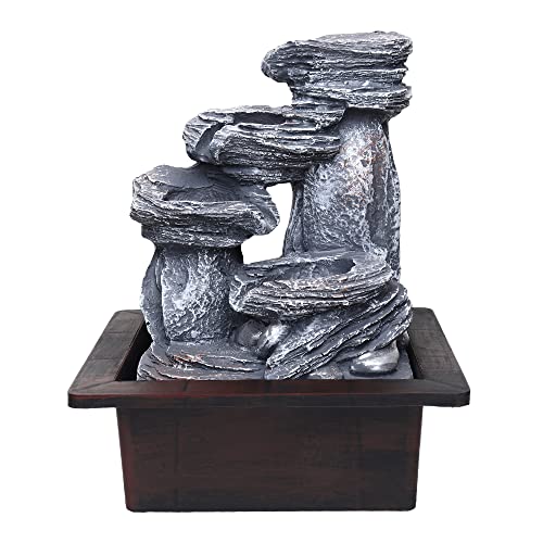 VIVARS Tabletop Water Fountain, Environmental Resin Meditation Fountain, Desktop 4-Tier Fountain, Indoor Waterfall Feature with Light for Home Office Decor Relaxation (Waterfall-1) Grey