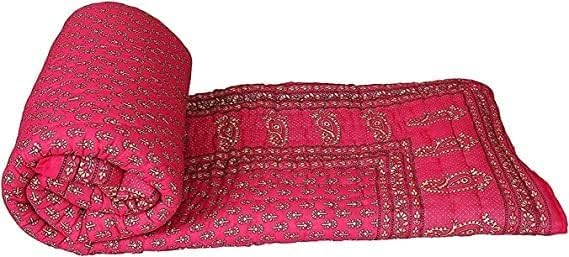 fashhub World Famous Jaipuri Light Weight Pure Cotton Traditional Rajasthani Print White Colour Double Bed Quilt/Razai/Rajai (Rani Dai Gold, Double)