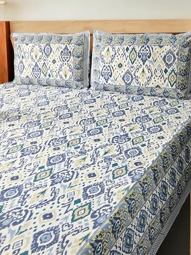 Feels Like Home 240 TC 100% Cotton Super King Size Bedsheet, 1 Bedsheet and 2 Pillow Covers, Block Printed, Olyander Collection - Blue Ikkat Print,108 x 108 Inch, Jaipuri Bedsheet