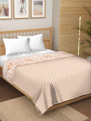 Dream Dwell 100% Pure Cotton Reversible Dohar/AC Blanket for Double Bed |All Weather Light Weight | Floral Print, Orange and White- Pack of 1