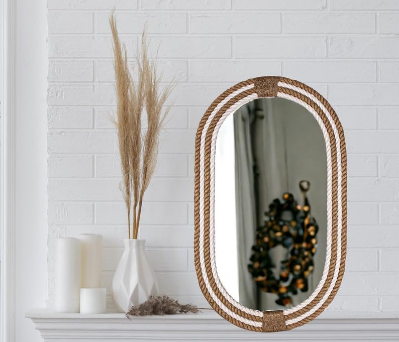 Big international handicraft Wrapped Round MDF Rope Mirror White & Brown Colour (Rectangular, 30×18)