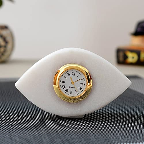 STLYZ Eye Shape Marble Table Clock for Décor and Paper Weight (White)