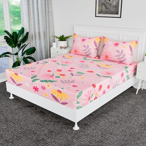 Heart Home Cotton Fitted Bedsheets For Double Bed With 2 Pillow Covers Included - Elastic Design Bedspread With 72x78 Inch Size - Pink