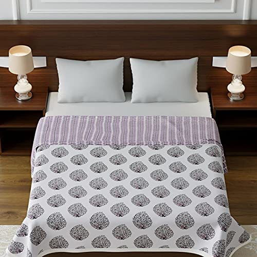 Comfowell Home Linen Double Bed Reversible Cotton Flower Printed Design A/C Quilt/Dohar/Blanket (Pink-White Design)